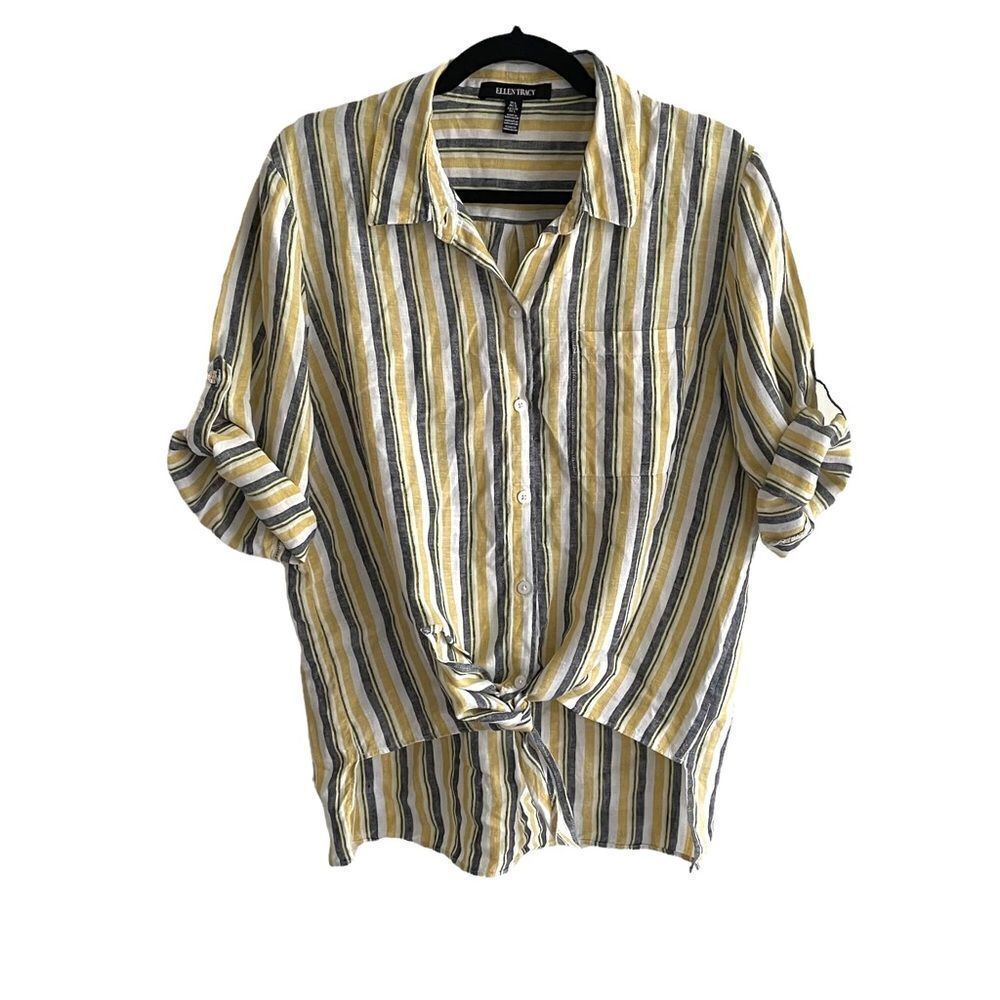 ELLEN TRACY Linen Striped Short Roll Sleeve Tie Front Shirt Blue Yellow L
